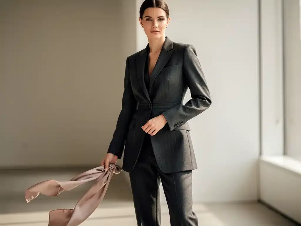 Woman in tailored wool suit and silk scarf, embodying timeless classic fashion.