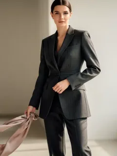 Woman in tailored wool suit and silk scarf, embodying timeless classic fashion.