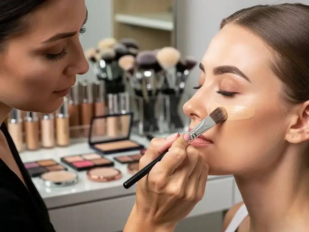 Professional makeup artist applying foundation for long-lasting wear in US climates