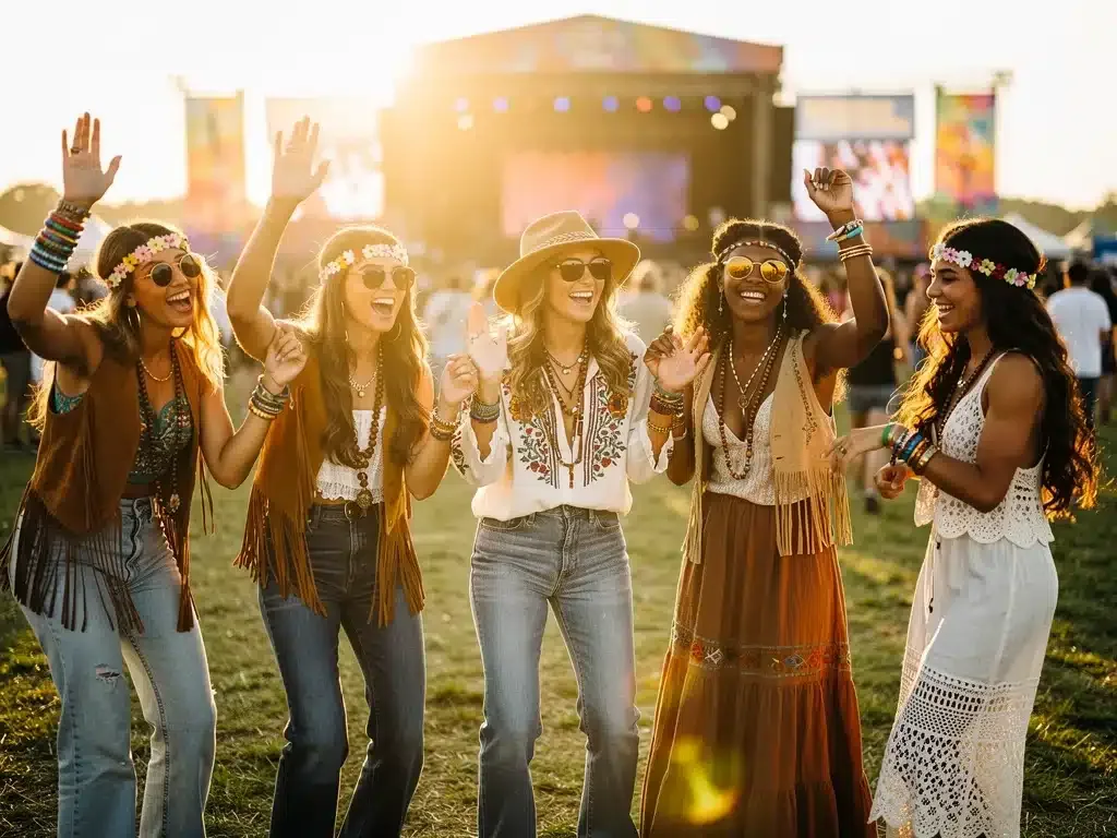 People at a music festival embracing 70s bohemian style with flared jeans, fringe, and floral accessories, reflecting a carefree vintage aesthetic.