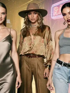 Collage of modern celebrities showcasing 90s slip dresses, 70s bohemian looks, and 2000s Y2K fashion, highlighting vintage trends for 2026.