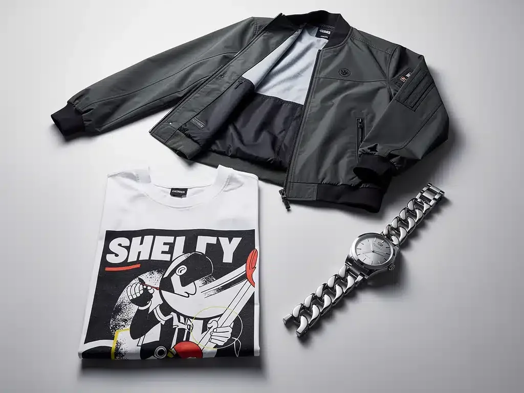 Collection of premium streetwear items, including graphic tee, accessory, and outerwear