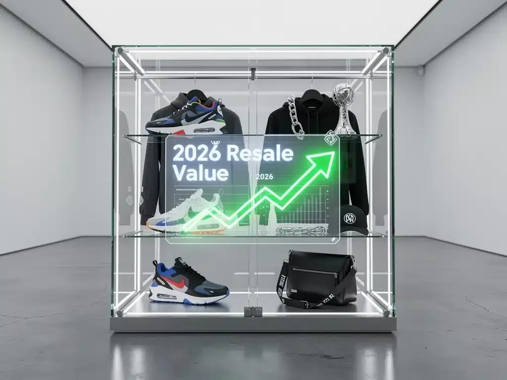 Futuristic display of streetwear grails with rising resale value predictions for 2026