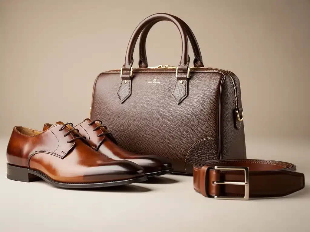 Collection of luxury leather accessories: designer handbag, shoes, and belt