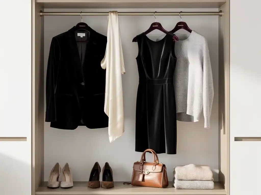 Organized closet with classic fashion staples: blazer, scarf, LBD, cashmere sweater
