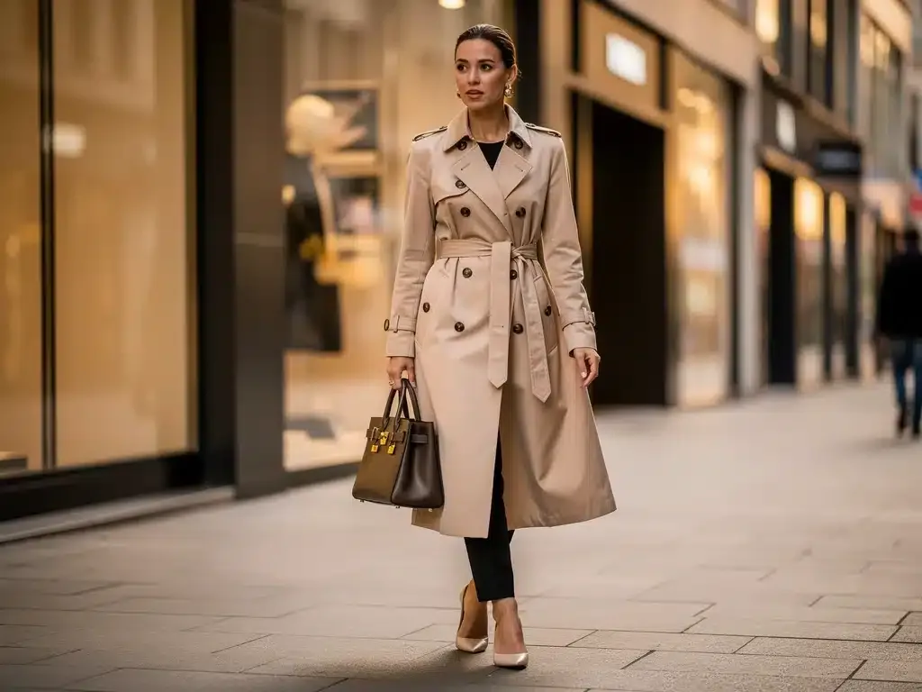 Woman wearing classic trench coat and designer handbag, representing luxury fashion investment