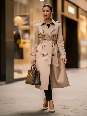 Woman wearing classic trench coat and designer handbag, representing luxury fashion investment