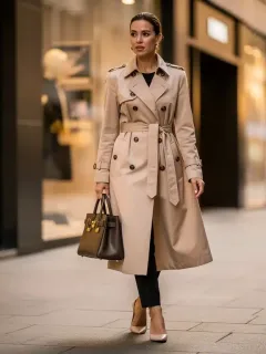 Woman wearing classic trench coat and designer handbag, representing luxury fashion investment
