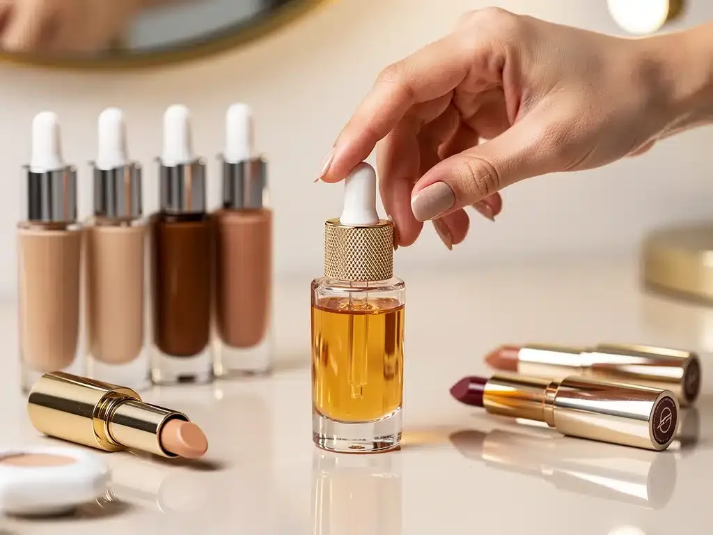 Close-up of beauty products on a vanity, emphasizing texture and packaging