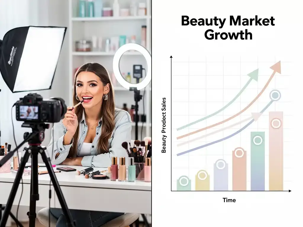 Beauty influencer filming content alongside a graph showing rising product sales