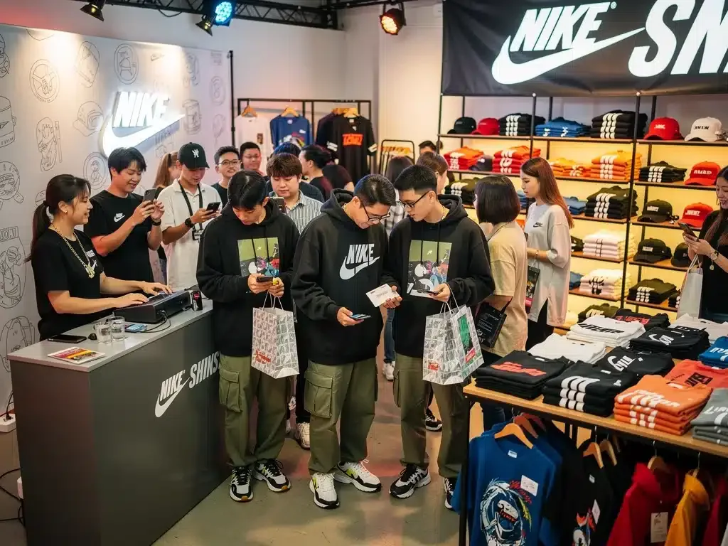 Excited crowd at a popular streetwear brand pop-up