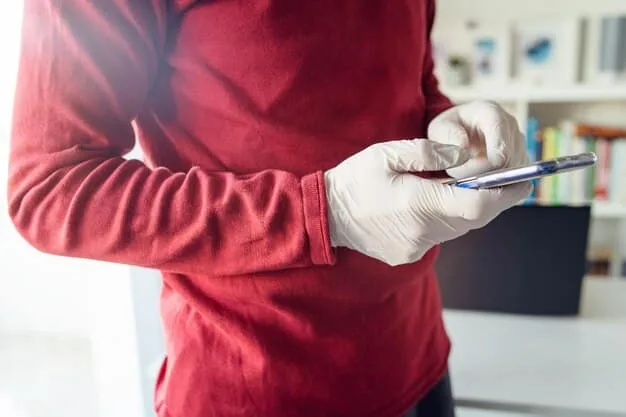A close-up of a person carefully following the instructions on an at-home colon cancer screening test kit, emphasizing attention to detail.