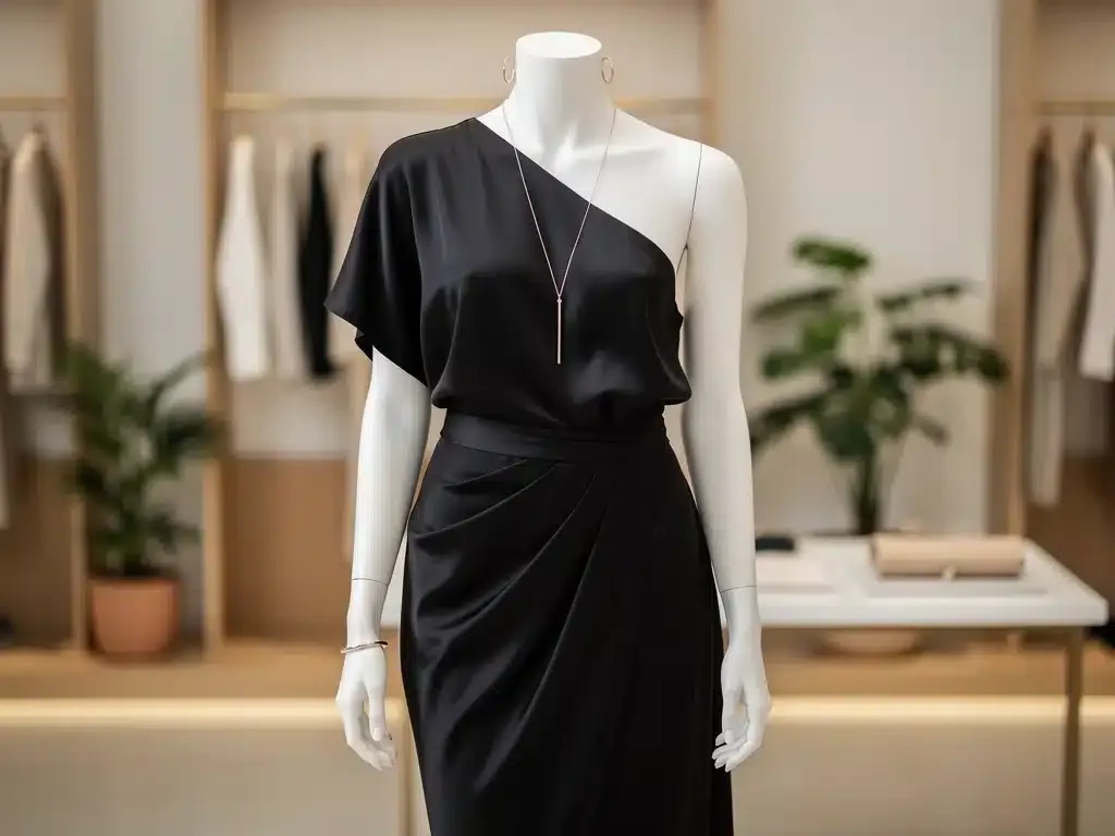 Sustainable little black dress made from recycled silk blend with ethical jewelry.