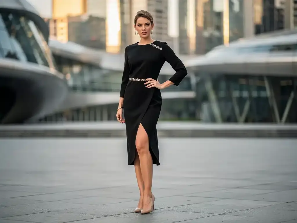 Modern little black dress with asymmetrical hemline and metallic details for 2026 fashion.