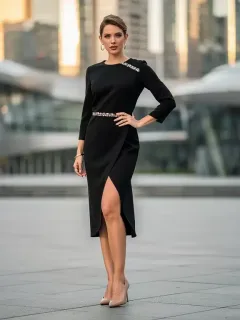Modern little black dress with asymmetrical hemline and metallic details for 2026 fashion.