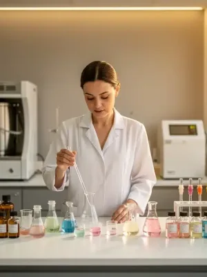 Woman creating personalized fragrance in a lab setting