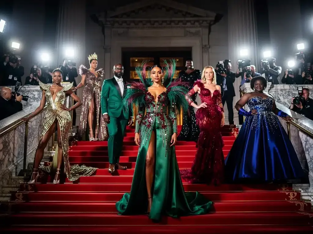 Celebrities in avant-garde fashion ascending the grand staircase at the 2026 Met Gala.