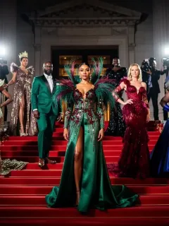 Celebrities in avant-garde fashion ascending the grand staircase at the 2026 Met Gala.