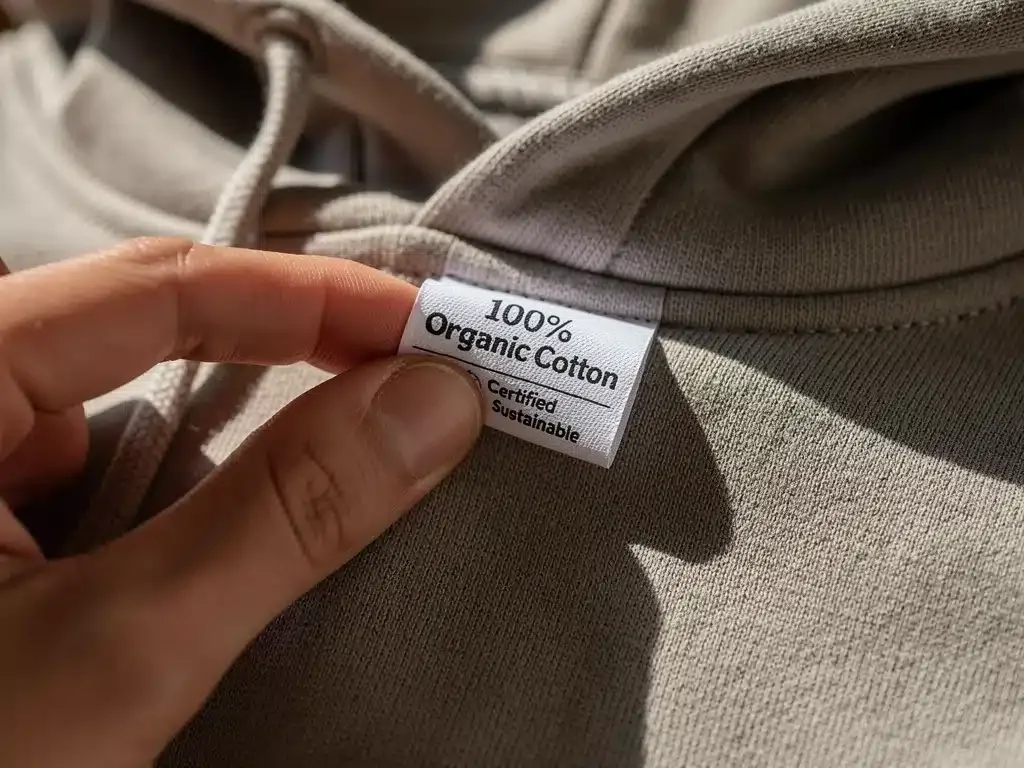 Close-up of a sustainable streetwear garment label, emphasizing organic cotton and eco-friendly materials