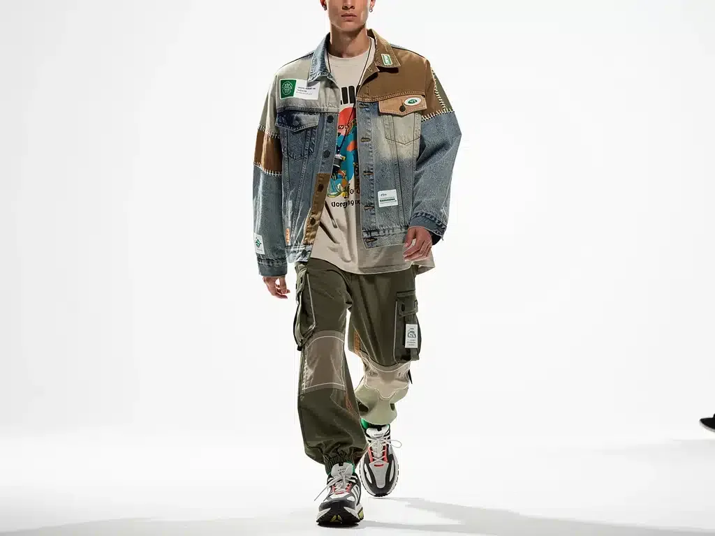 Model showcasing an innovative sustainable streetwear outfit made from recycled materials in a studio