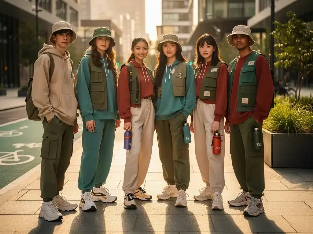 Diverse individuals in modern sustainable streetwear in an urban outdoor setting, highlighting eco-friendly fashion