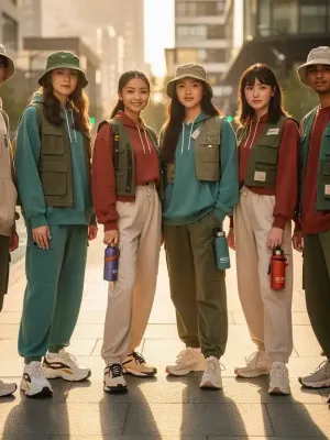 Diverse individuals in modern sustainable streetwear in an urban outdoor setting, highlighting eco-friendly fashion