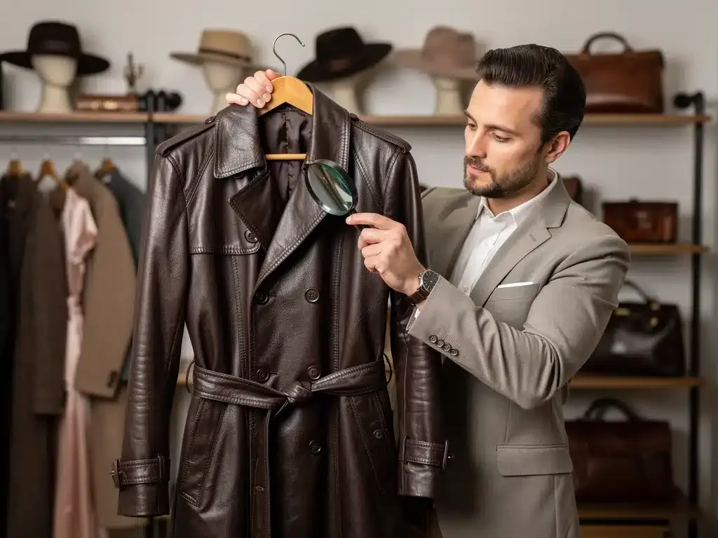 Fashion appraiser examining a classic leather trench coat for investment potential.