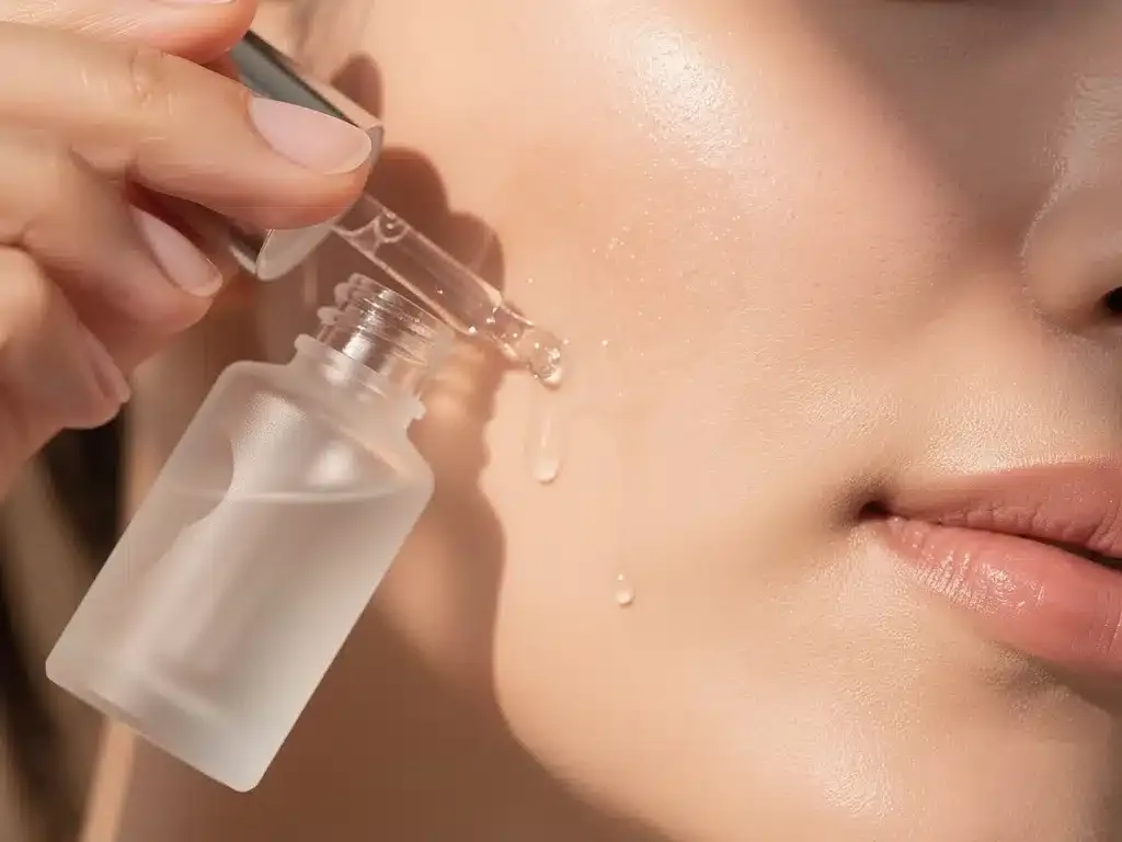 Person applying celebrity skincare serum to face, close-up.
