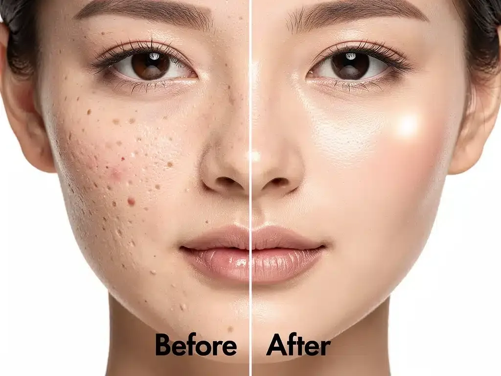 Before and after comparison of skin improvement with celebrity skincare.