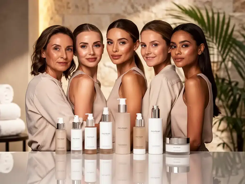 Diverse women with glowing skin, surrounded by luxurious celebrity skincare products.