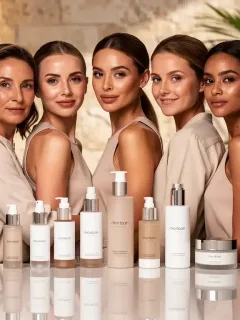 Diverse women with glowing skin, surrounded by luxurious celebrity skincare products.