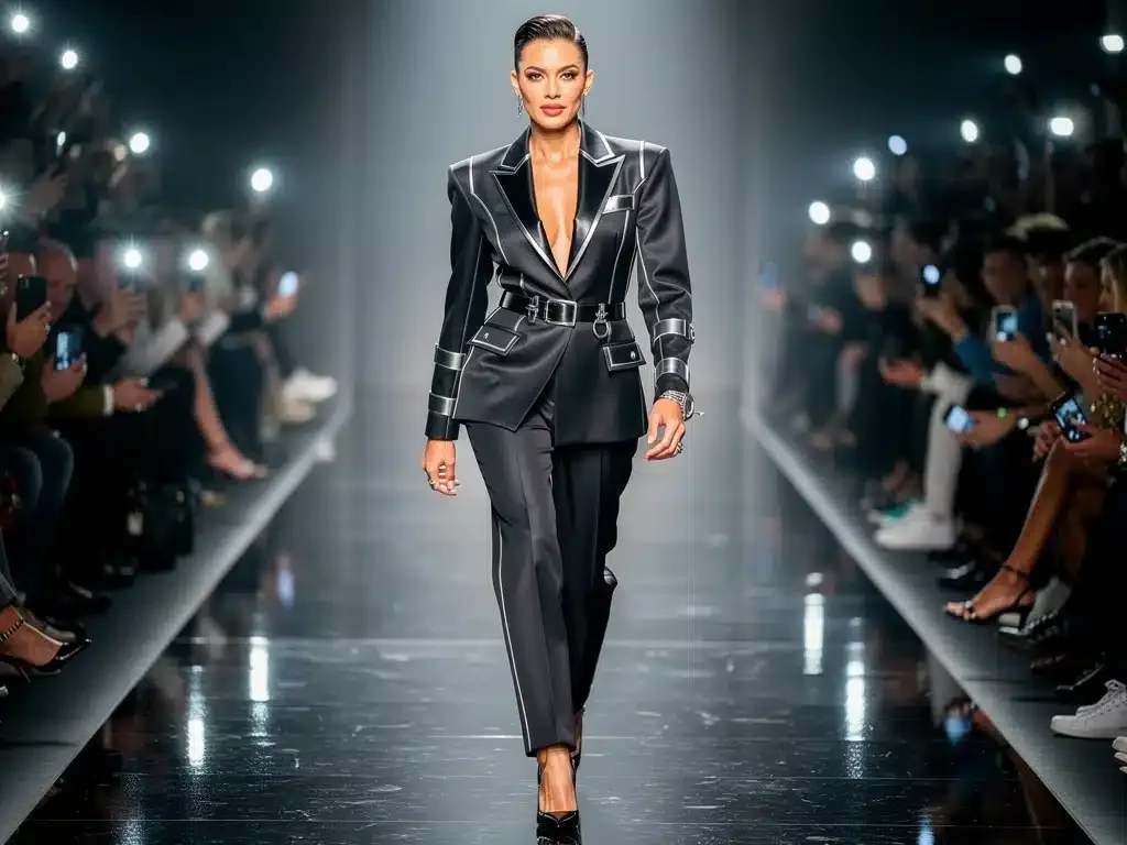 Celebrity on runway after style transformation, embracing avant-garde fashion with confidence.