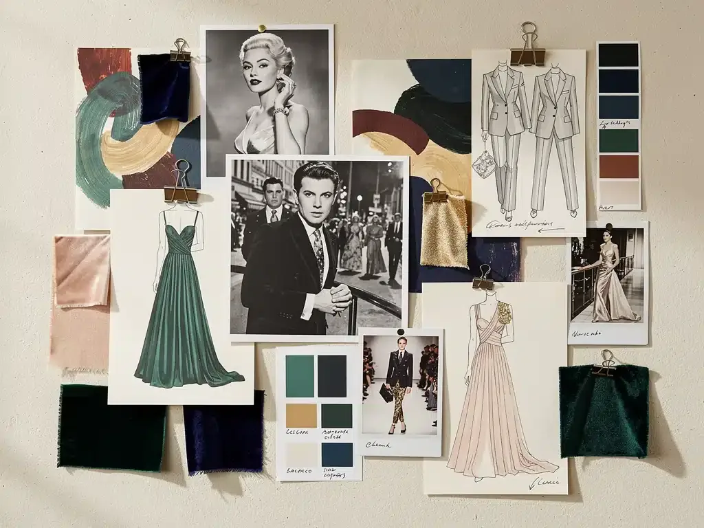 Fashion mood board illustrating inspirations behind a celebrity's drastic style change, with fabric swatches.