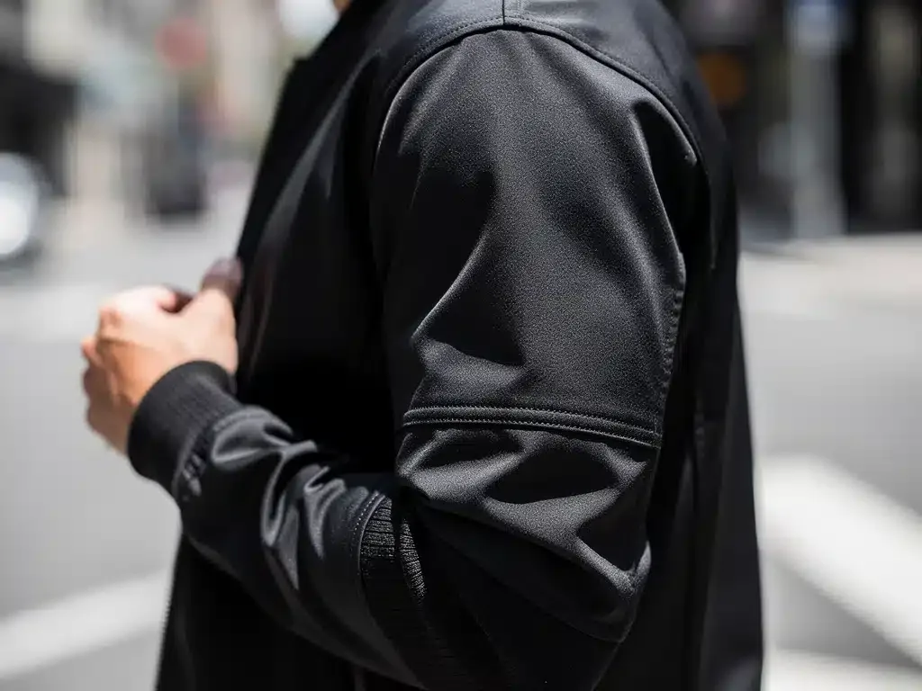 Close-up of streetwear jacket fit, focusing on sleeve and shoulder detail