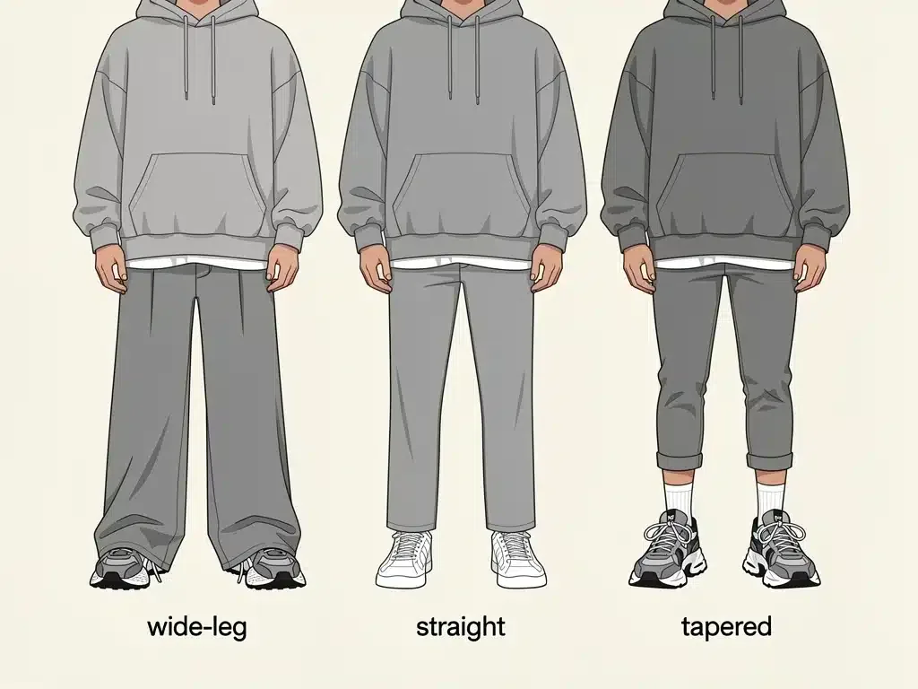 Illustration of various streetwear pant cuts and their silhouette impact