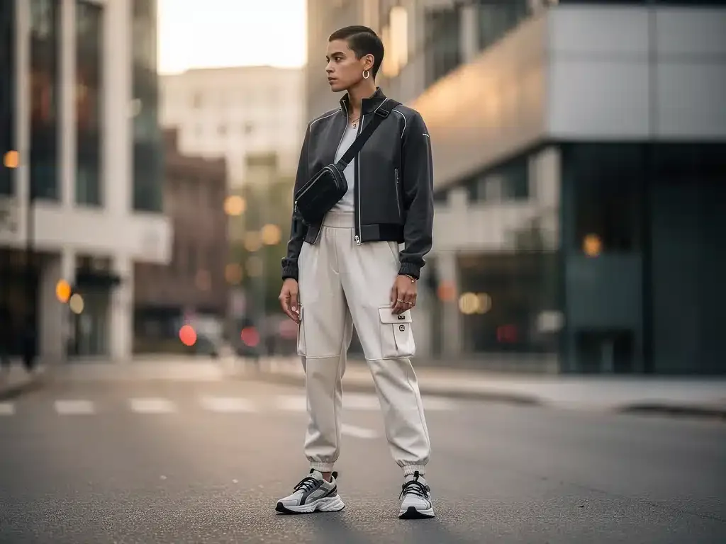 Model in perfectly fitted streetwear, urban background, 2026 fashion