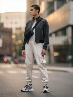 Model in perfectly fitted streetwear, urban background, 2026 fashion