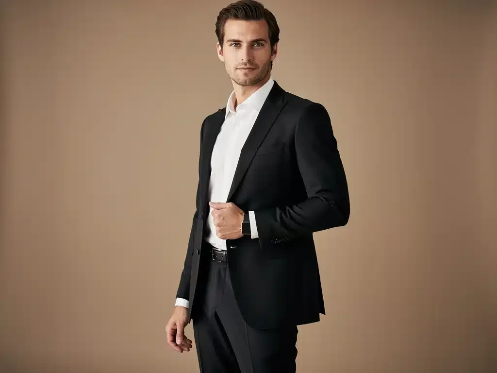 Model in tailored black blazer and white shirt, embodying classic style