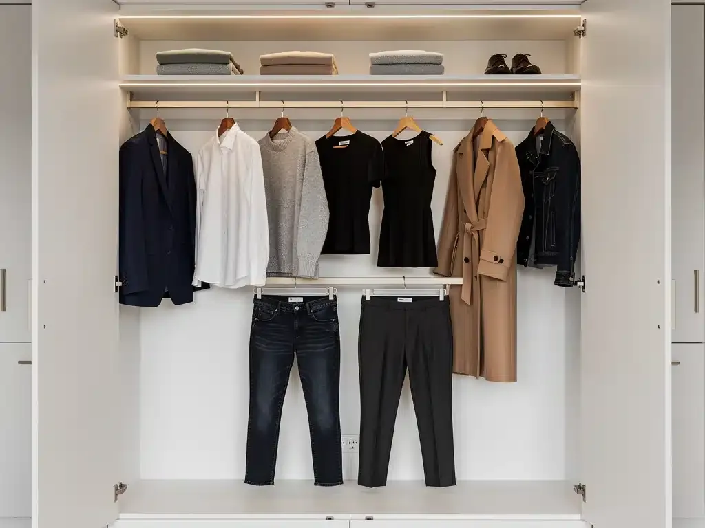 Organized classic capsule wardrobe with 12 essential pieces for year-round style