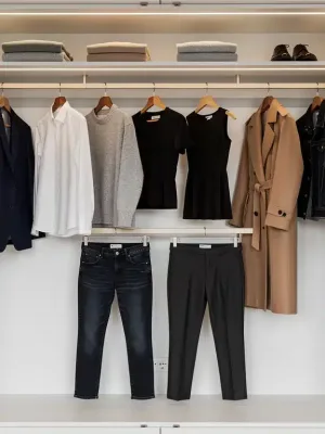 Organized classic capsule wardrobe with 12 essential pieces for year-round style