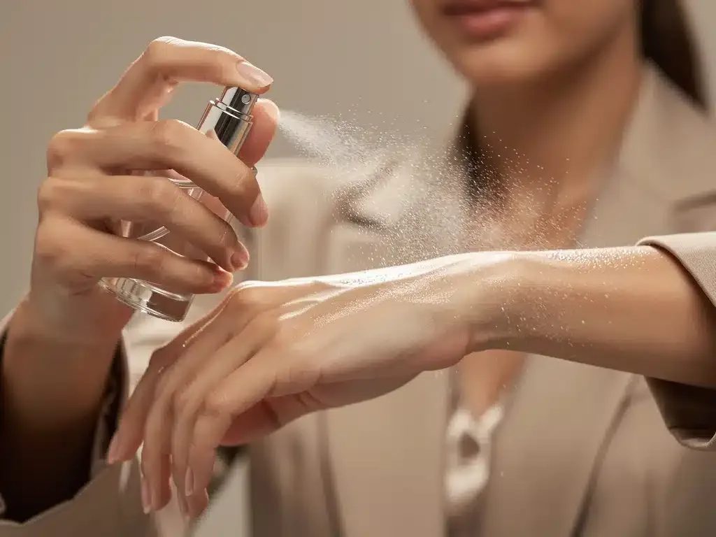 Final application of perfume in a fragrance layering routine