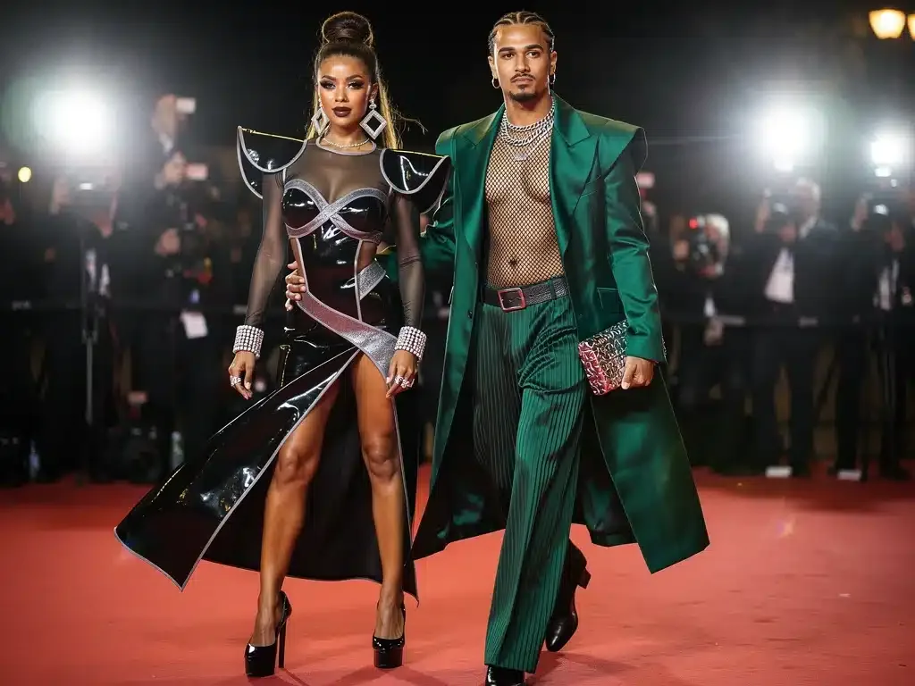 Rihanna and A$AP Rocky in avant-garde outfits at a fashion event