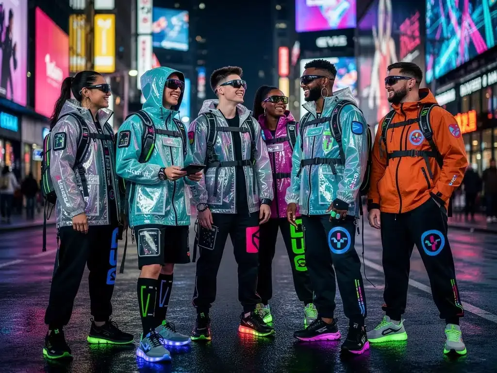Youth in futuristic collaborative streetwear in urban setting