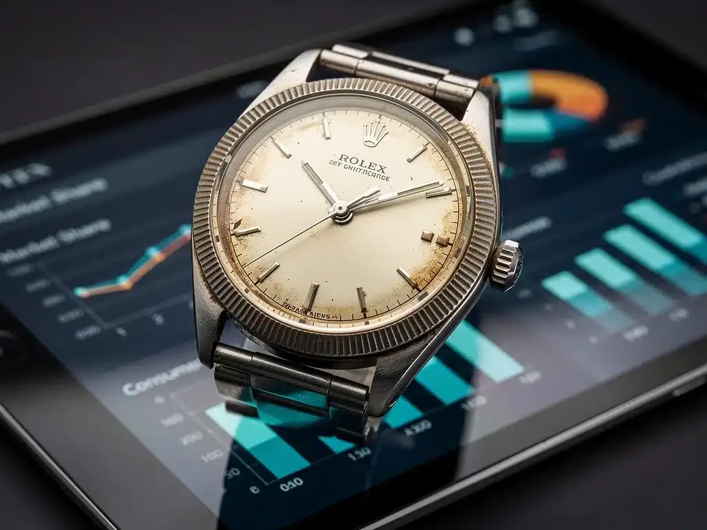 Vintage Rolex on data tablet showing market trends