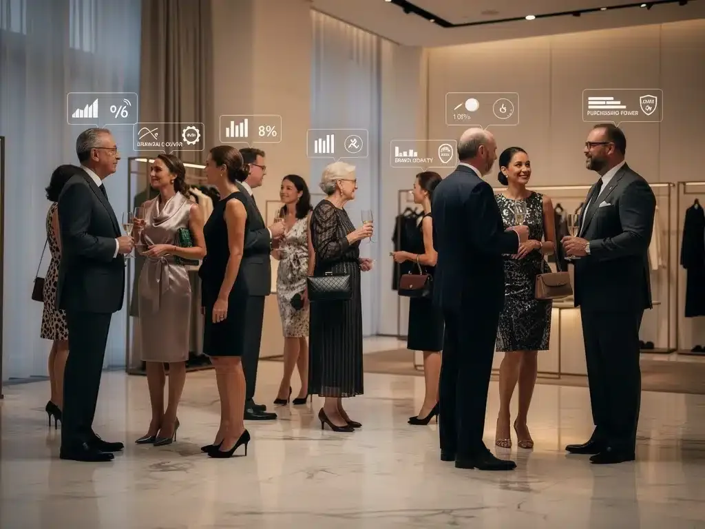 Discerning consumers at luxury fashion event with data overlays