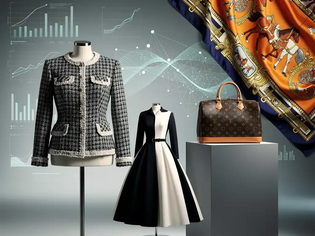 Iconic classic fashion brands collage with data visualization