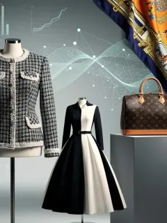 Iconic classic fashion brands collage with data visualization