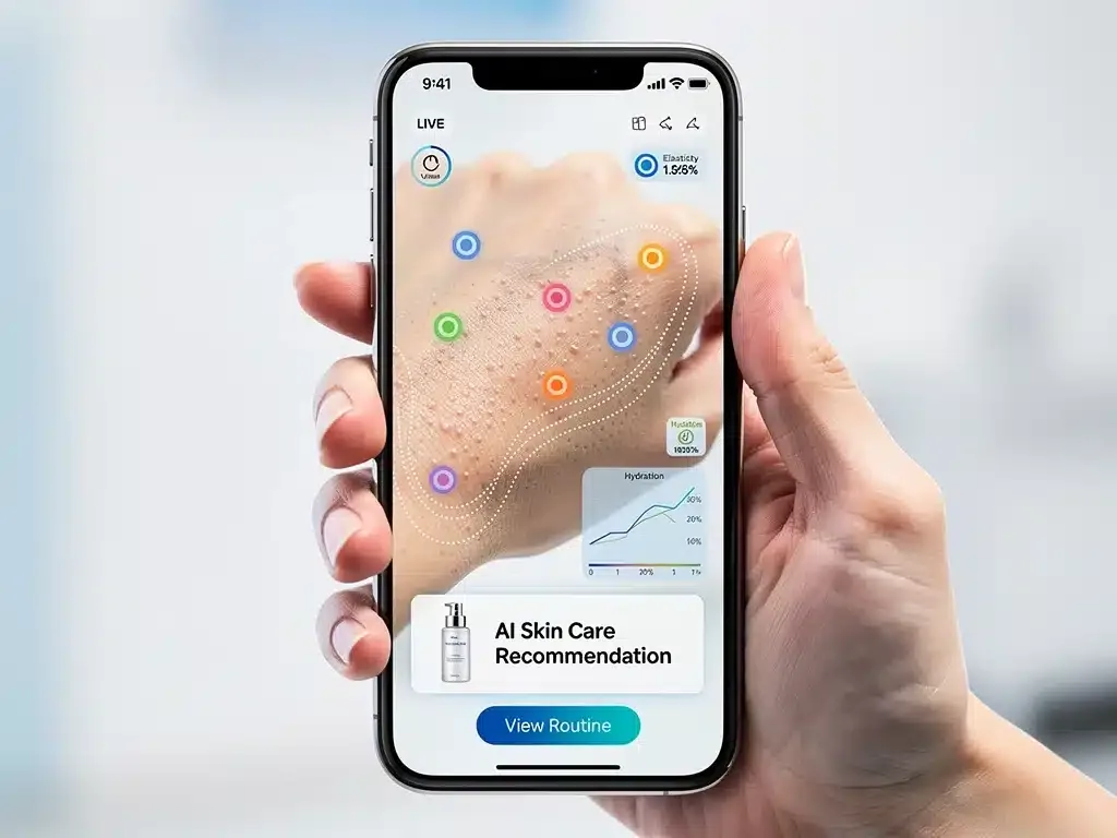 Hand holding smart skin analysis device displaying personalized recommendations