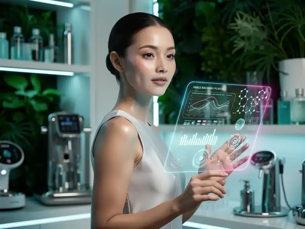 Futuristic woman engaging with personalized skincare technology, glowing skin