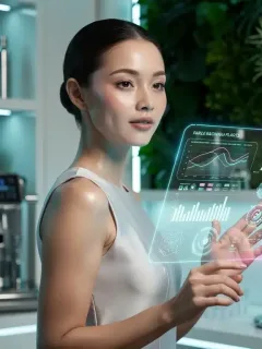 Futuristic woman engaging with personalized skincare technology, glowing skin